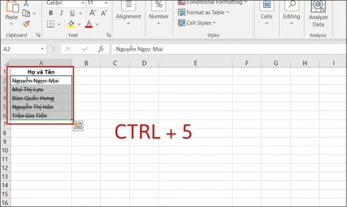 Tổ hợp phím giúp gạch ngang chữ trong Excel