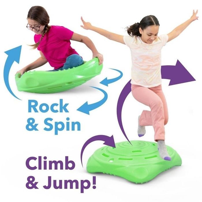 Two children playing with a multifunctional green toy designed for spinning and climbing, featuring text like 