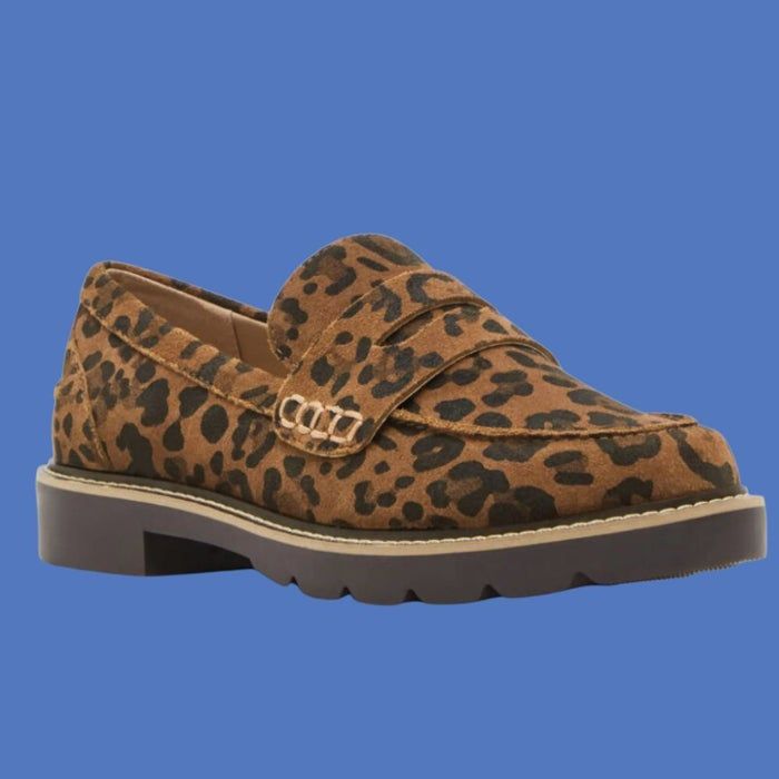 A leopard print loafer with a thick, treaded sole designed to offer both style and comfort. Featured in a shopping guide.