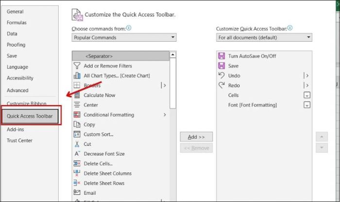 Chọn Quick Access Toolbar để tiếp tục.