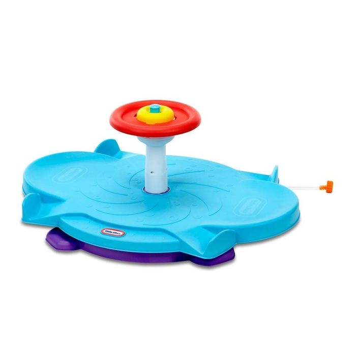 A colorful children’s sit-and-spin toy featuring a central steering wheel, designed for fun and active play