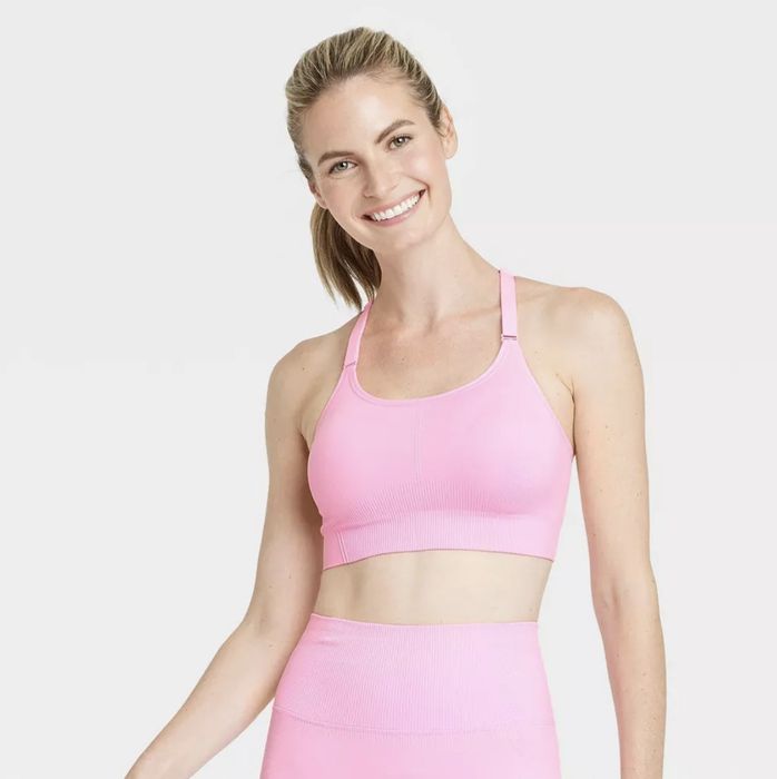 A light pink racerback sports bra