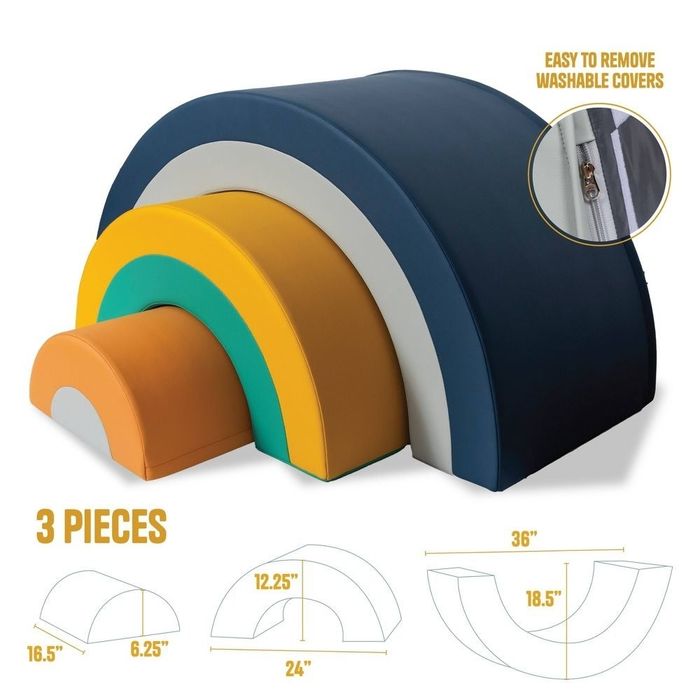 A three-piece foam arch set with removable, washable covers, shown in proportional sizes. Ideal for kids’ play and physical activity