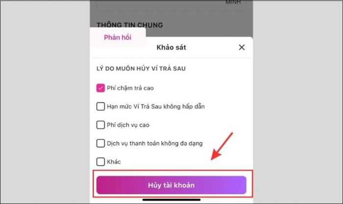 Chọn lý do hủy và nhấn vào Hủy tài khoản