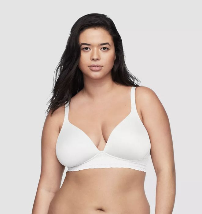 A model wearing a white wireless bra