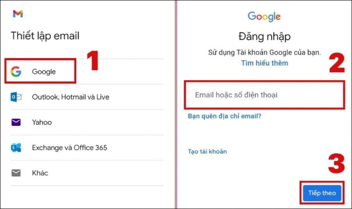 Chọn Google, nhập địa chỉ email và nhấn vào Tiếp theo