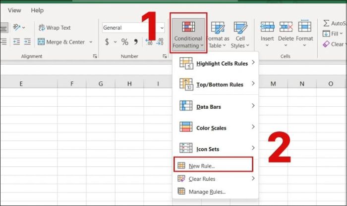 Chọn mục Conditional Formatting và sau đó nhấn vào New Rule để tiếp tục thiết lập quy tắc cho dữ liệu.