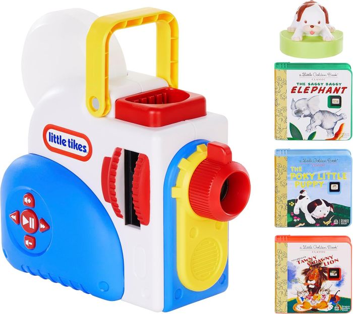 A toy cassette player for kids, complete with a built-in microphone and accompanied by three beloved children's classics: The Saggy Baggy Elephant, The Poky Little Puppy, and Tawny Scrawny Lion.