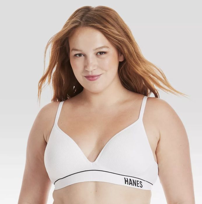 A model wearing a stylish white Hanes bralette