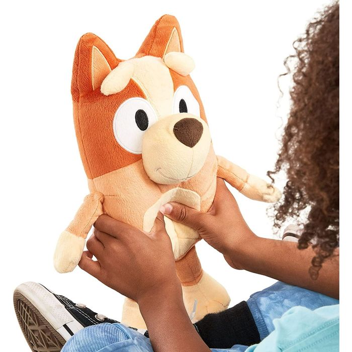 A child holding a Bluey plush toy, enjoying playtime