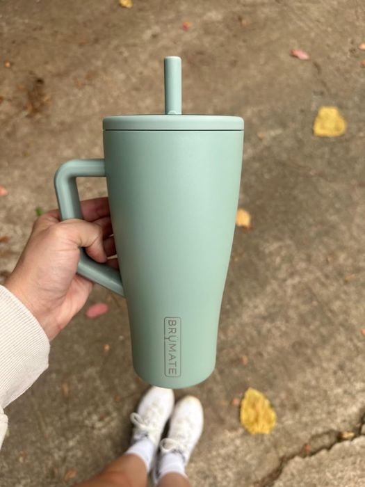 a person holding a Brümate tumbler with a handle and straw, standing on a sidewalk surrounded by fallen leaves