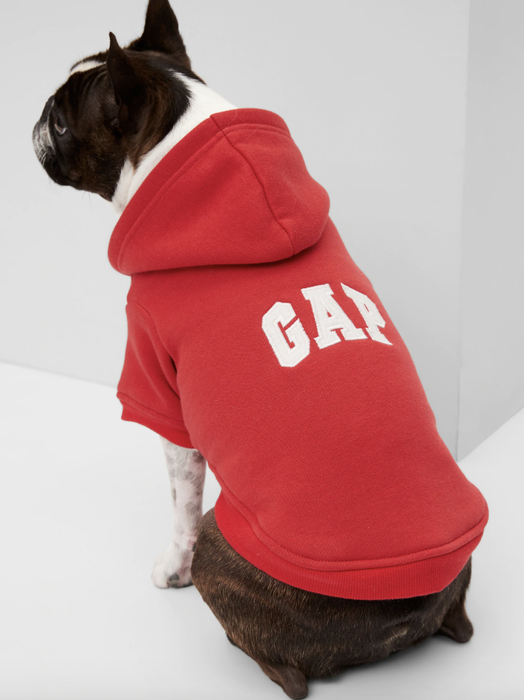 A dog proudly wearing a red Gap hoodie, adding a splash of color to its outfit.