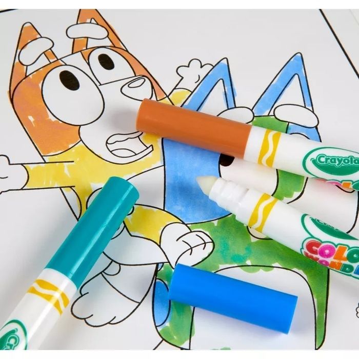 Crayola markers and a Color Wonder page featuring characters from the 'Bluey' animated series.