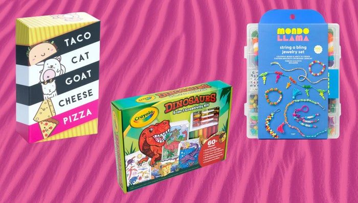 Card game Taco Cat Goat Cheese Pizza, dinosaur-themed drawing kit, and bead crafting set available at Target