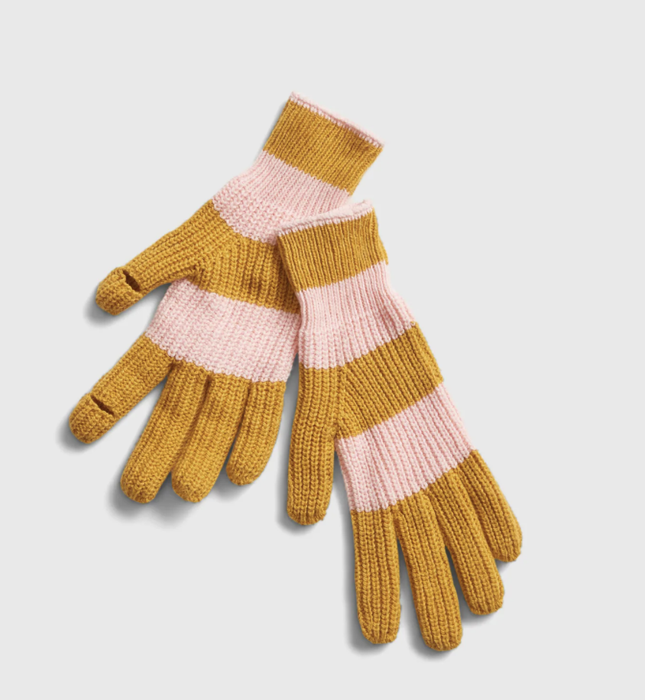 Smartphone gloves with a pink and gold striped design