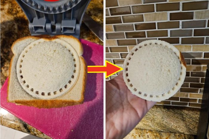 step-by-step demonstration of the Uncrustable sandwich maker pressing bread into a sealed, circular shape, perfect for homemade crustless sandwiches