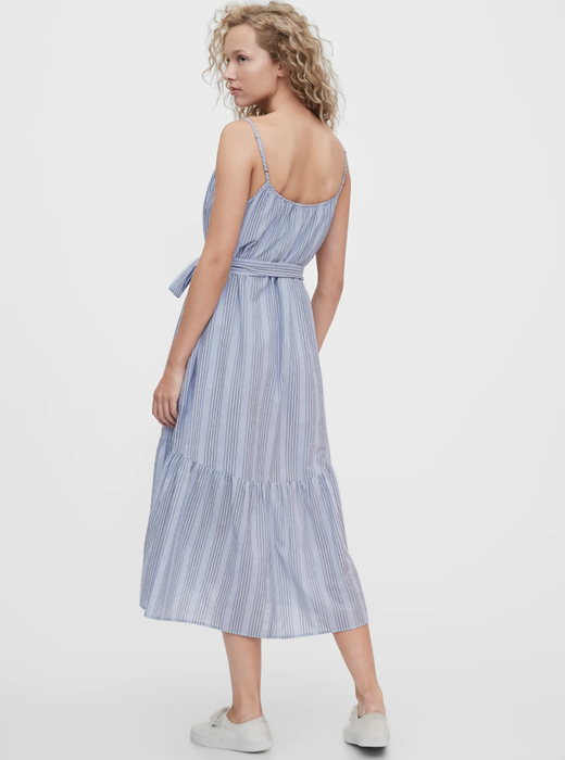 Model displaying the back of a shirred blue stripe cami dress