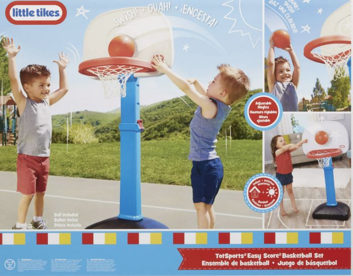 Children enjoying a Little Tikes basketball set, with a promotional image showing two boys in action, emphasizing the adjustable height feature of the toy.