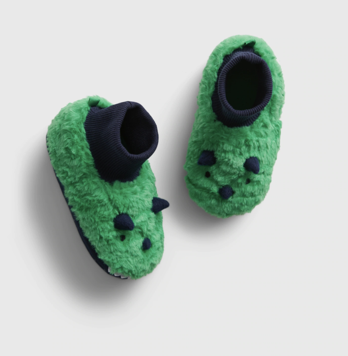 Product image of green fuzzy baby dinosaur slippers