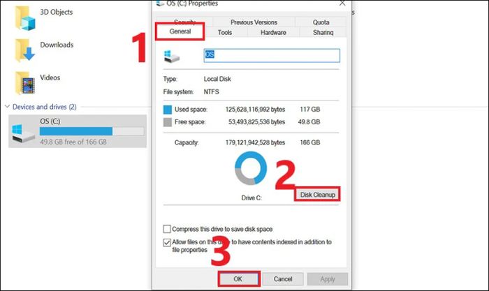Trong tab General, chọn Disk Cleanup và nhấn OK