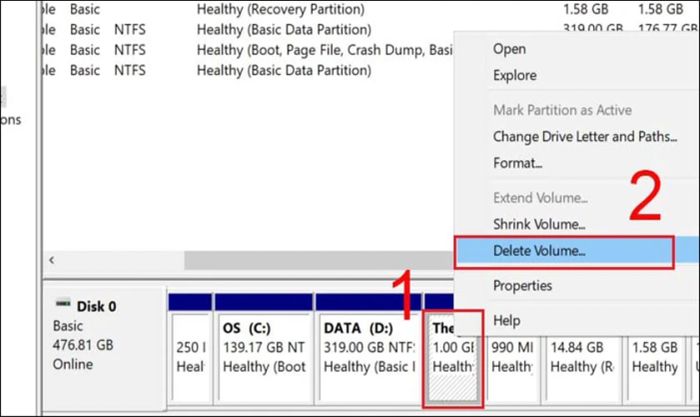 Nhấp chuột phải vào phân vùng chứa dữ liệu cần hợp nhất và chọn Delete Volume