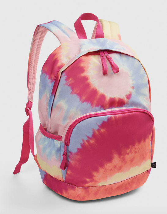 A photo showing the tie-dye backpack with a swirl of vivid, multicolored patterns.