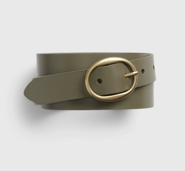 Olive green belt featuring a sleek oval buckle