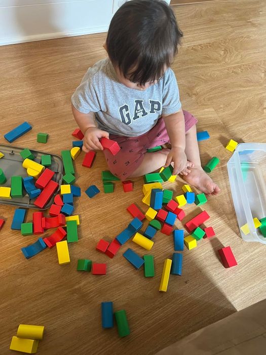 A toddler playing on the floor with a variety of colorful building blocks, wearing a gray 