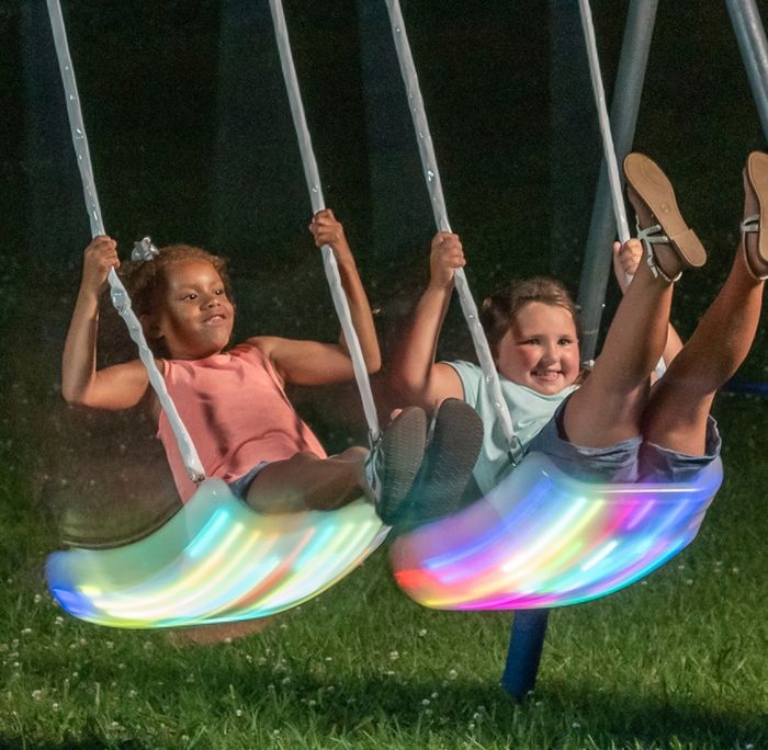 The metal swing set with LED lights is a fantastic way for kids to experience space-like fun, featuring glowing swings that make them feel like they’re flying through the stars.