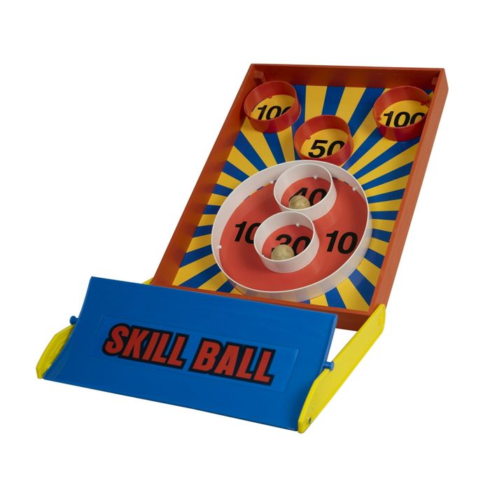 The Skill Ball arcade game features three target rings, labeled 10, 20, 50, and 100 points, with a bright and colorful design for added fun.