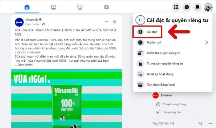 Trong cửa sổ vừa hiện ra, chọn Cài đặt