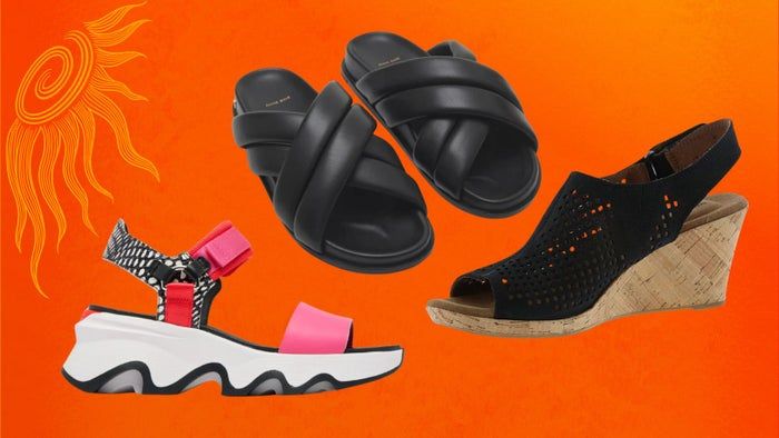 Sporty sandals, sleek black slides, and sophisticated black cork wedges displayed on an orange backdrop