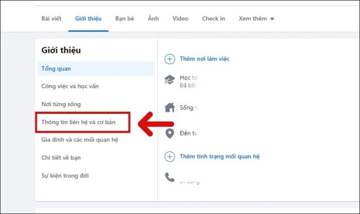 Chọn mục Thông tin liên hệ và cơ bản