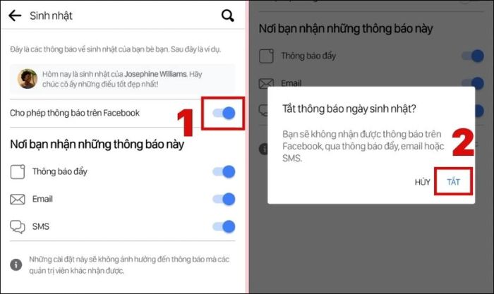 Nhấn vào tắt Cho phép thông báo trên Facebook