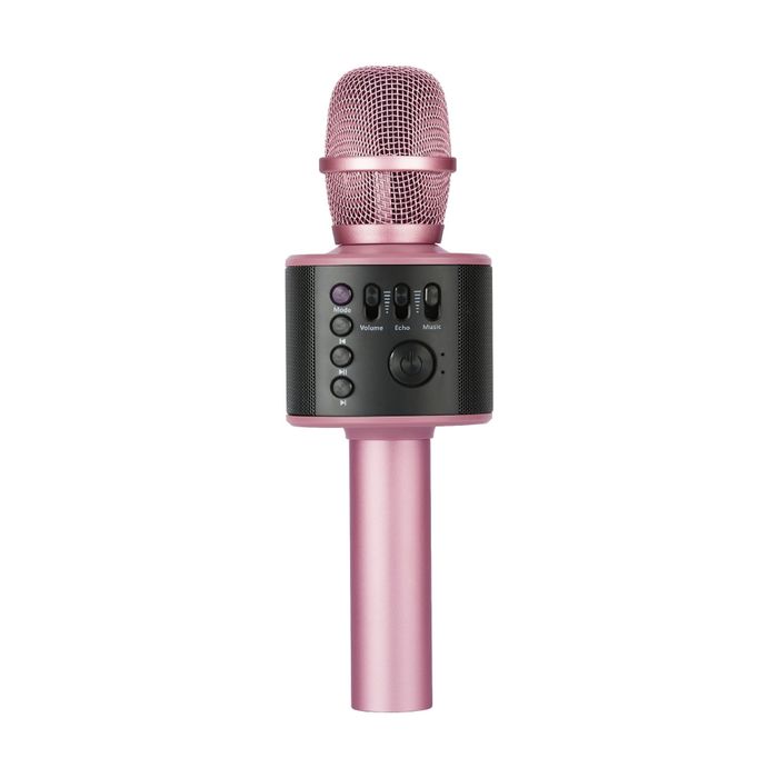 A pink karaoke microphone featuring a built-in speaker and control buttons for adjusting volume, echo, and music.