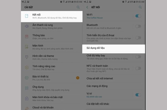 Trong phần cài đặt, bạn chọn mục “Kết nối” và bật tính năng “Dữ liệu di động”.