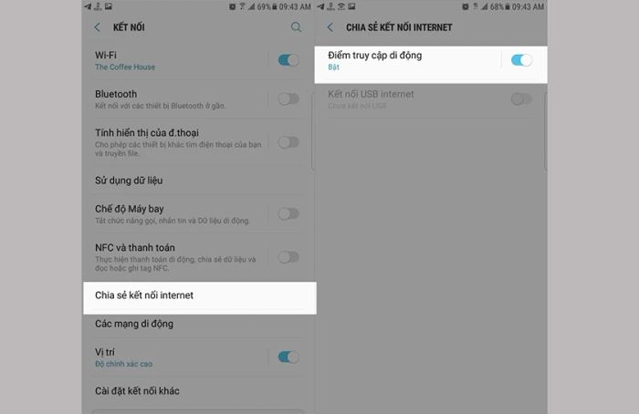 kích hoạt tính năng “Chia sẻ kết nối internet” và bật “Điểm truy cập di động”