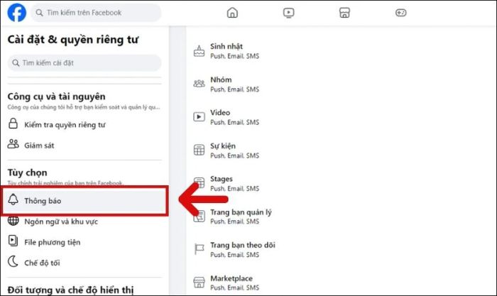 Tìm và nhấn vào mục Thông báo