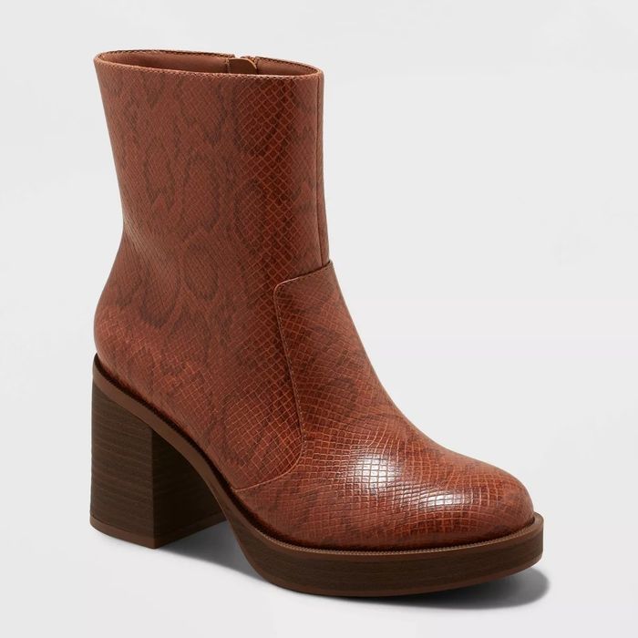 brown textured ankle boots with block heels