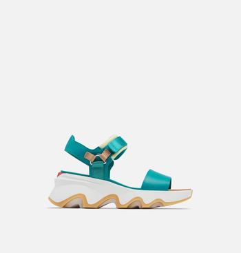 the sandals displayed in turquoise and white