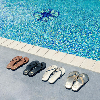 flip-flops in brown, black, snake print, and gold