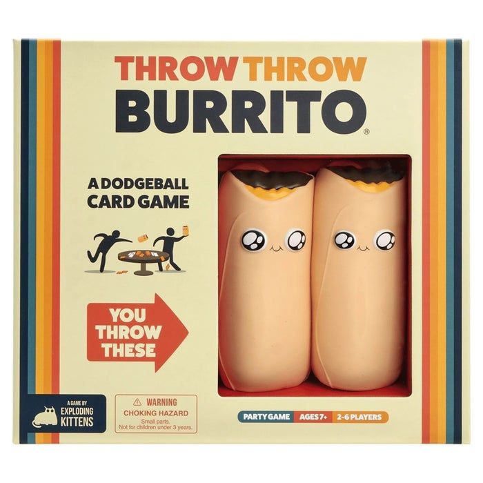 Box of 'Throw Throw Burrito,' a dodgeball card game by Exploding Kittens, comes with two soft burrito-shaped toys. Suitable for ages 7+, designed for 2-6 players.