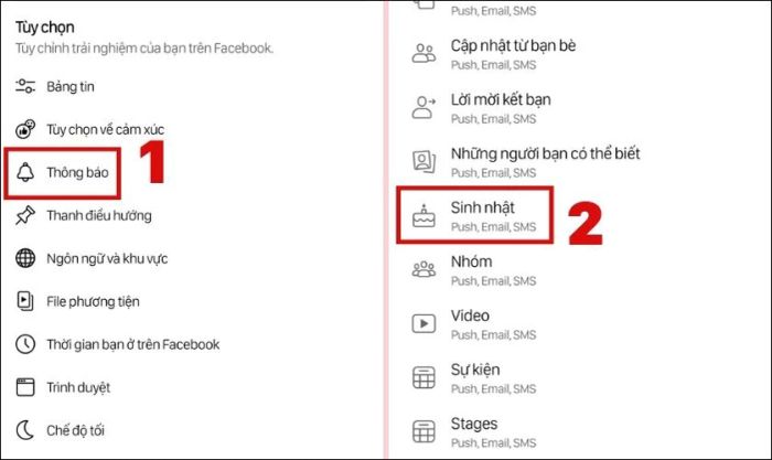Nhấn vào mục Thông báo và chọn Sinh nhật