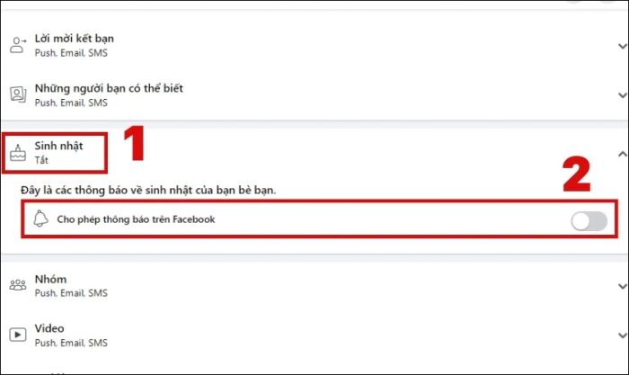 Nhấp vào Sinh nhật và chọn tắt