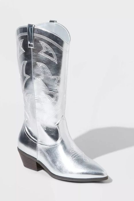 the boots in a dazzling silver hue