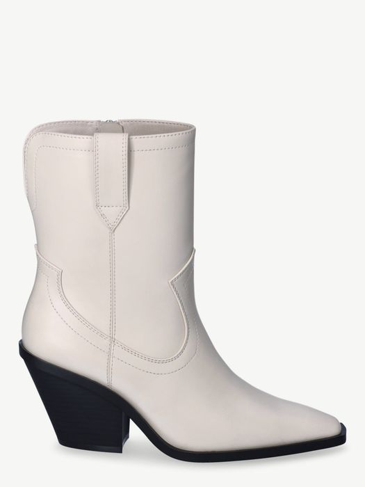 Ankle-high white Western boots with a pointed toe and a modest heel.