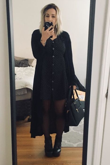 Reviewer modeling a duster-style cardigan