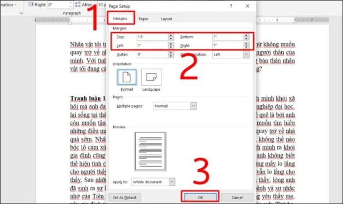 Điều chỉnh tài liệu trong tab Margins và nhấn OK