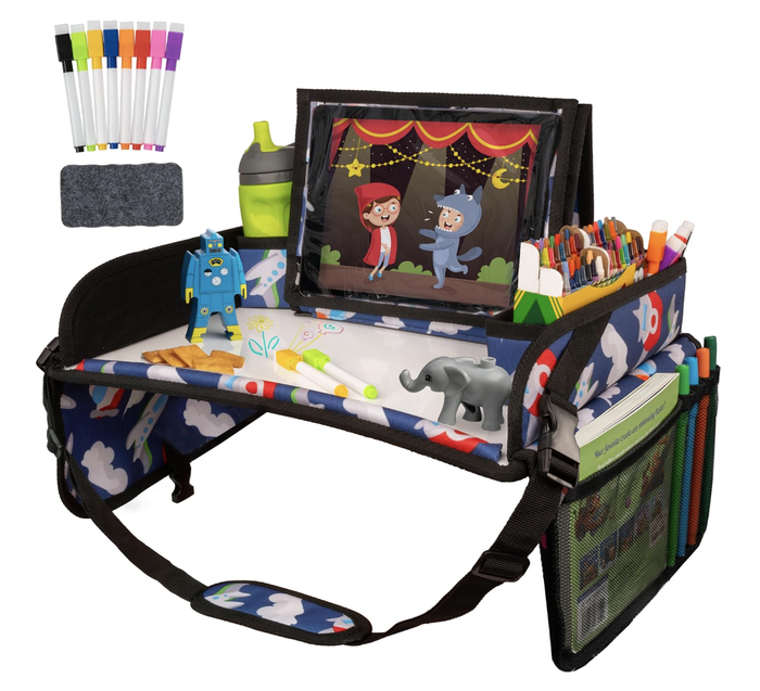 A children's travel activity tray complete with a cup holder, a drawing board with markers, a toy robot, animal figurines, and a picture book—ideal for keeping them busy during car journeys or flights.