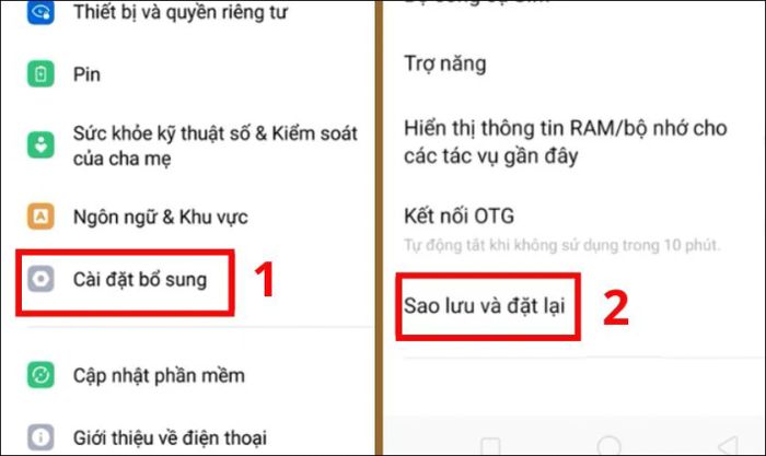 Chọn vào mục Sao lưu và đặt lại, sau đó bấm vào Sao lưu và đặt lại để thực hiện.